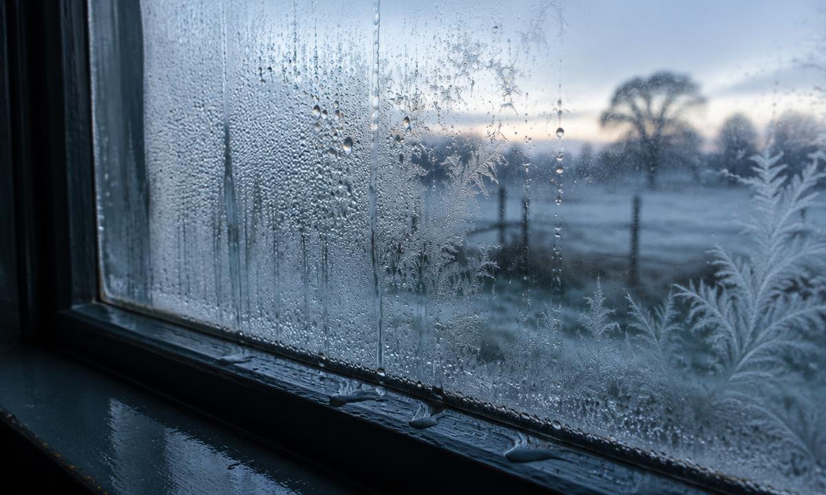 condensation running down an old single-glazed window on a frosty morning