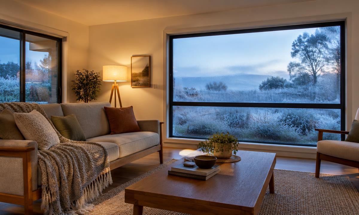 warm living room with new double-glazed windows and frost outside