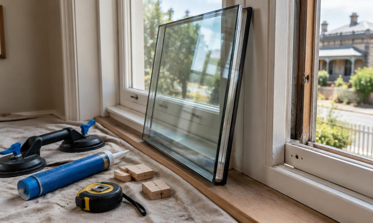 installer fitting a double-glazed unit into an existing timber frame